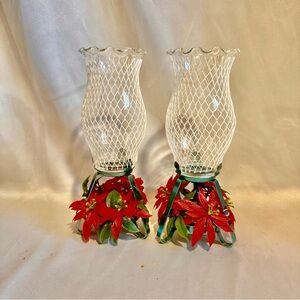 Vintage Holiday Candle Holders with Red Poinsettia Accents 10”H-A Pair